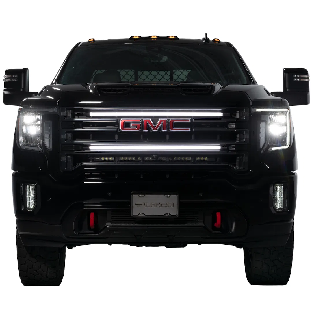 310037 – PUTCO Light Bar, LED 37 Inch Length Amber/ White LED 4 Start Up Sequences Clear Lens Black Housing Grille Mo...